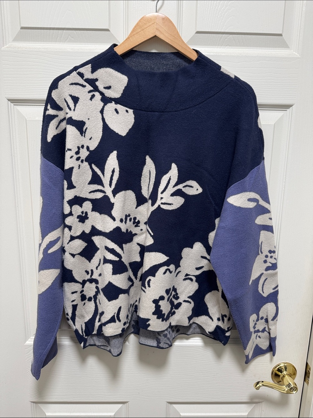 ANTHROPOLOGIE Maeve Navy and Ivory Floral Mock-Neck Sweater - Picture 2 of 5